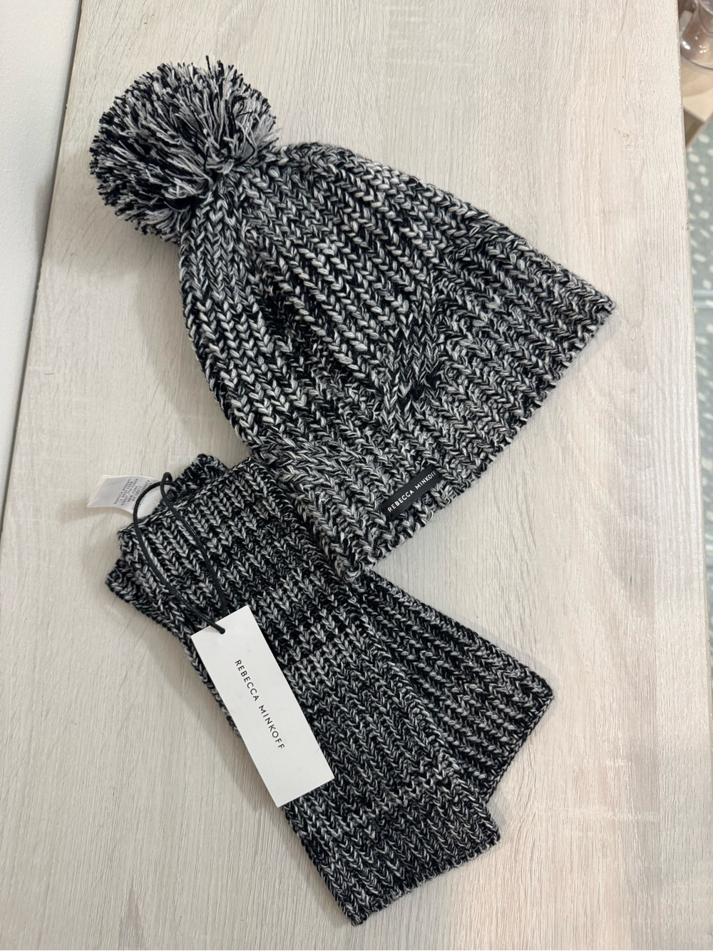 Rebecca Minkoff Black and White Marled Pom Beanie with Matching Mittens